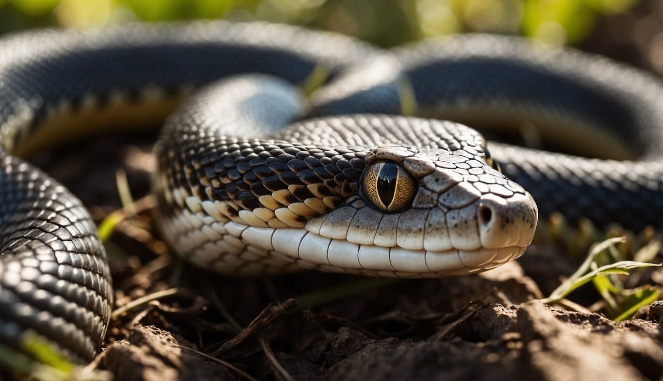 A snake slithers through the earth, its scales glistening in the sunlight. It coils its body, ready to strike at any potential prey