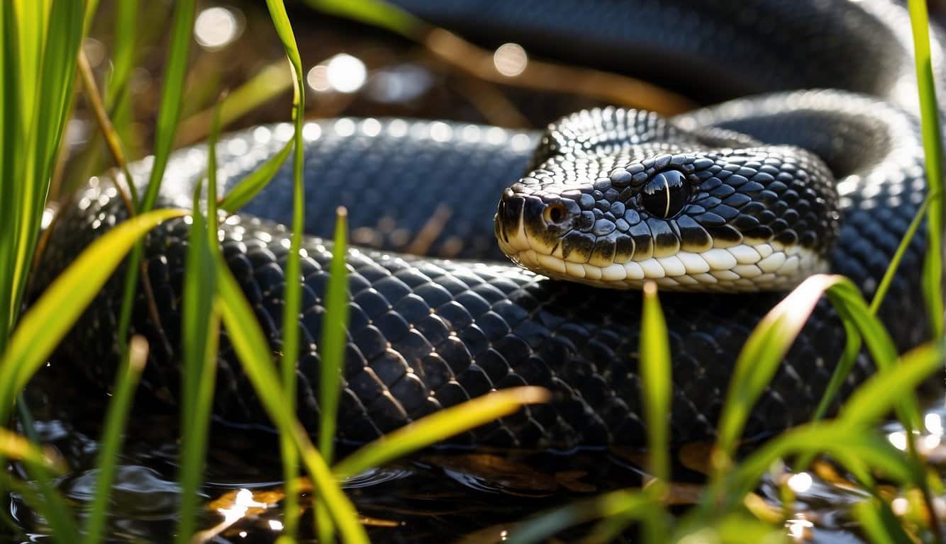 A black water snake slithers through marsh reeds, its scales glistening in the sunlight