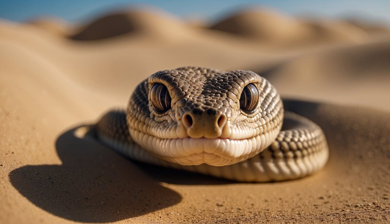 A sand cobra slithers through dunes, blending into its surroundings with its sandy scales and sharp, flickering tongue