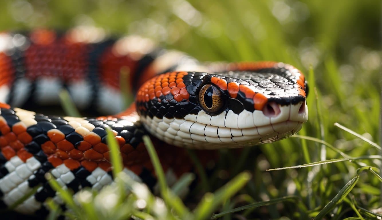 A milk snake slithers through the grass, its vibrant red, black, and white scales glistening in the sunlight. Its tongue flicks out, tasting the air for prey