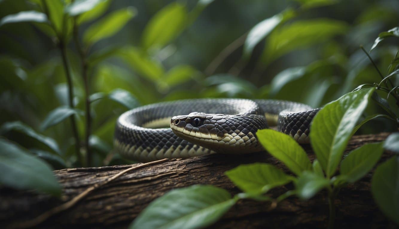 A snake slithers through dense foliage in its natural habitat