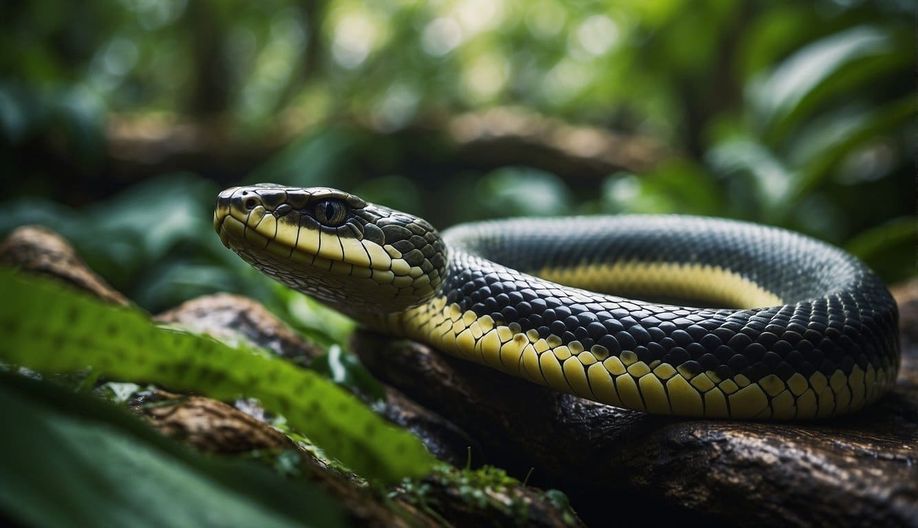 A river snake slithers through lush Amazonian vegetation, blending into the vibrant green foliage