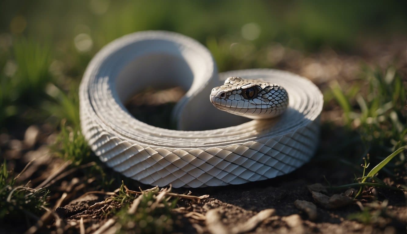 A snake made from rolled toilet paper, coiled on the ground
