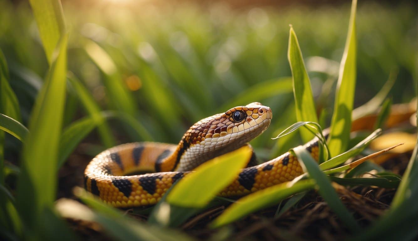 Cobra Do Milharal: Características E Prevenção 2 A corn snake slithers through tall corn stalks in a field, with its vibrant orange and black scales glistening in the sunlight