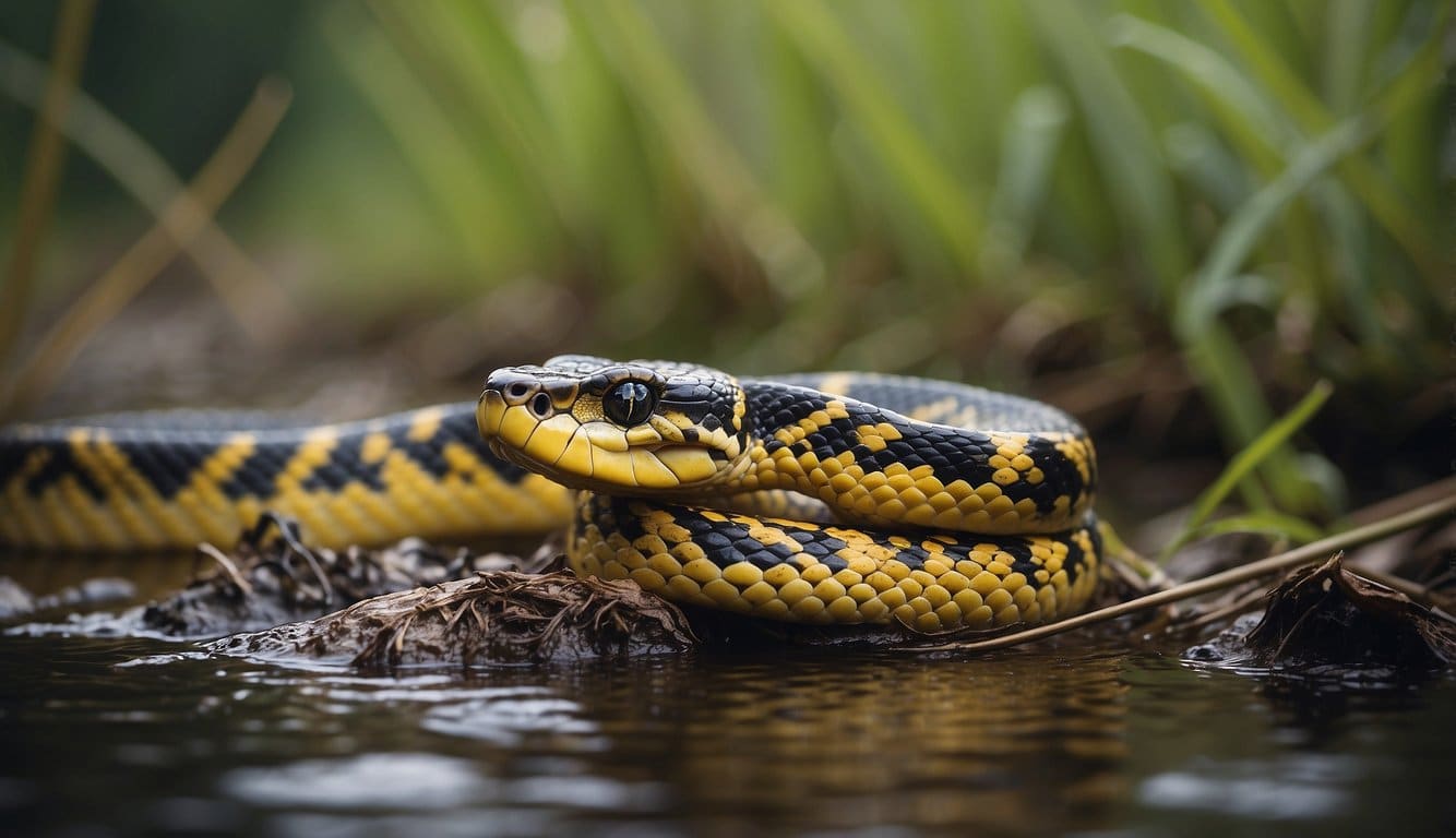 Cobra Do Pantanal: Características E Habitat 2 A large, muscular snake with a distinctive yellow and black pattern slithers through the wetlands, its forked tongue flicking out as it searches for prey