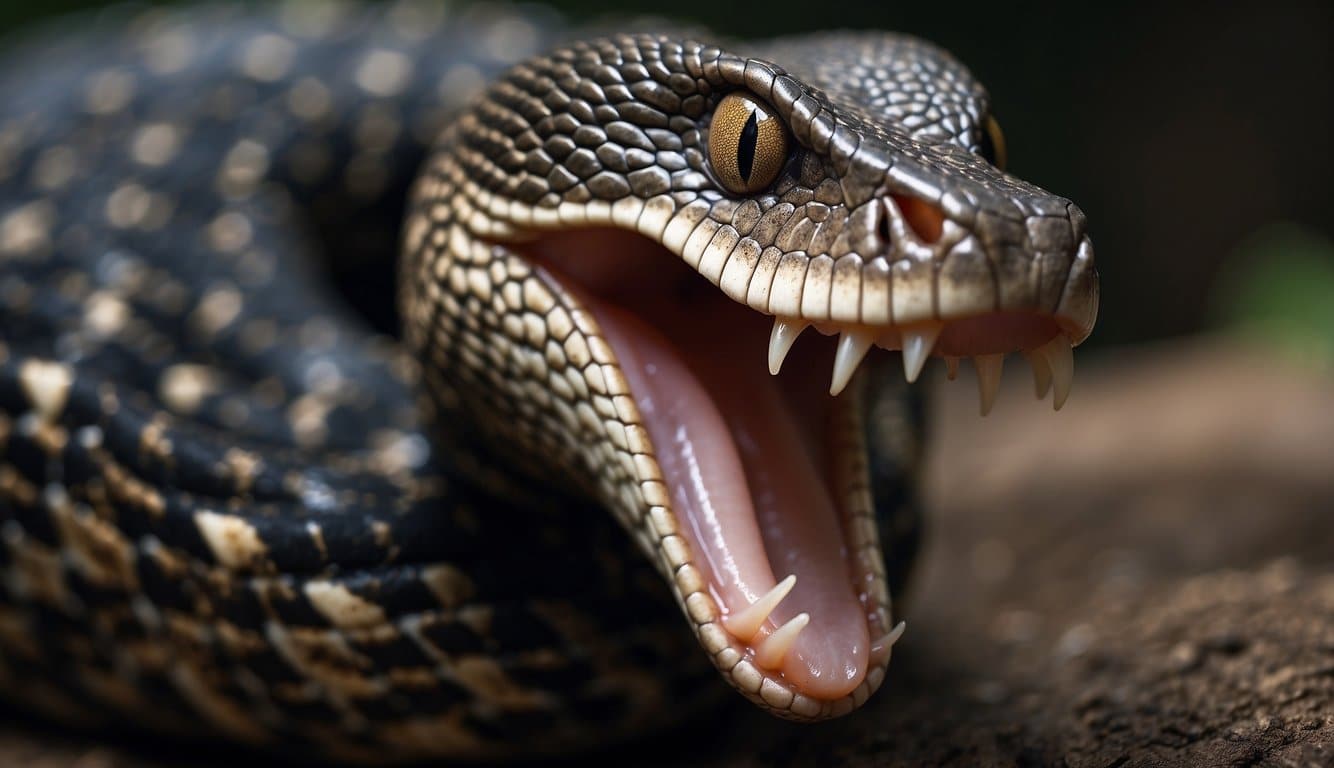 A venomous cobra's anatomy, with fangs and scales, as it devours its prey