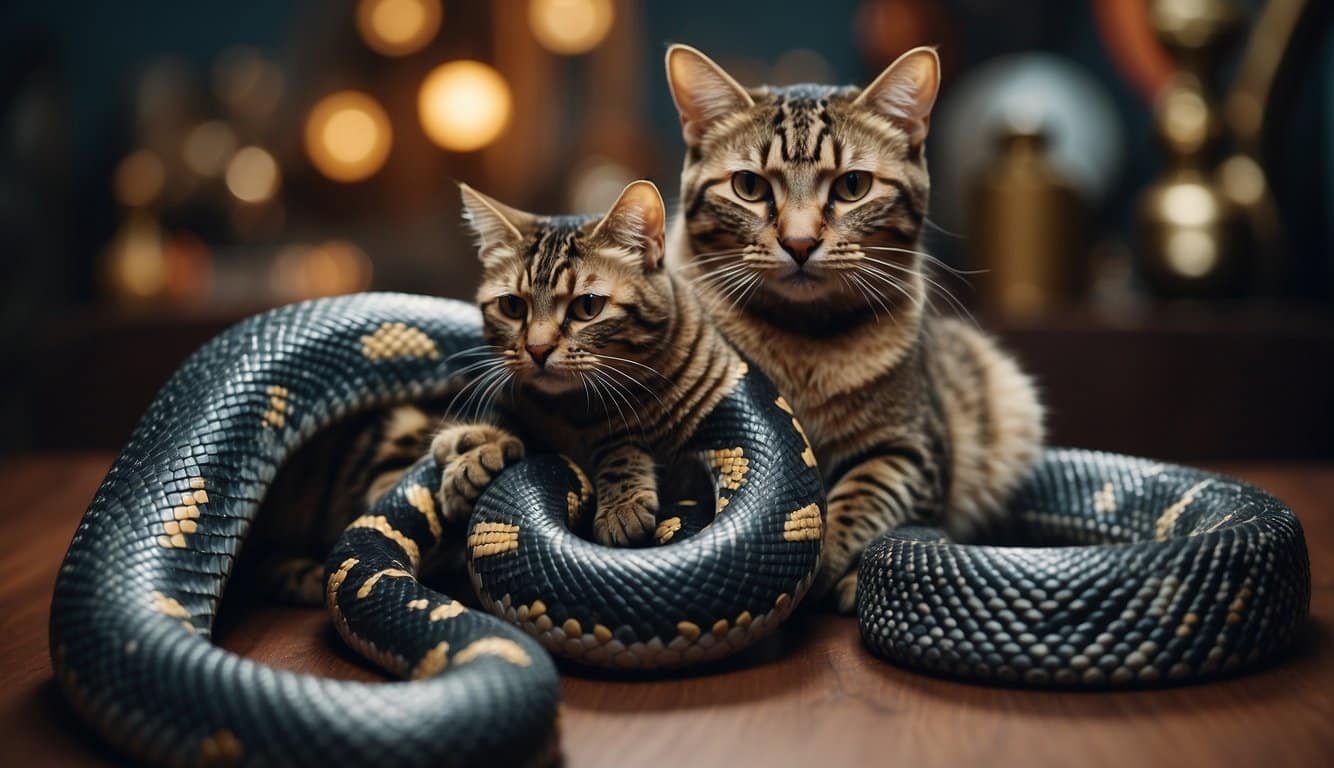Cobra E Gato: Entenda A Relação Entre Esses Animais 2 A snake and a cat intertwined, surrounded by pop culture symbols and mythological imagery