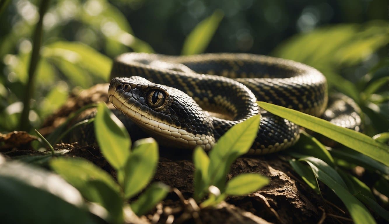 Cobra: Réptil Ou Anfíbio? Descubra A Resposta Definitiva Aqui 2 A snake slithers through a lush, tropical environment, its scales glistening in the sunlight. It is a reptile, not an amphibian