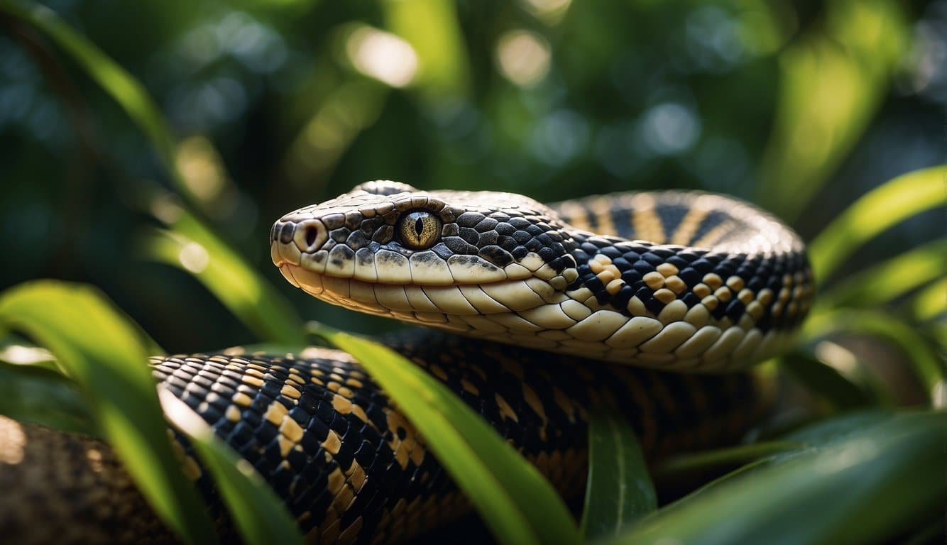 A snake slithers through a lush jungle, its scales glistening in the sunlight. The vibrant colors and patterns of different snake species fill the scene, showcasing the diversity of these fascinating animals