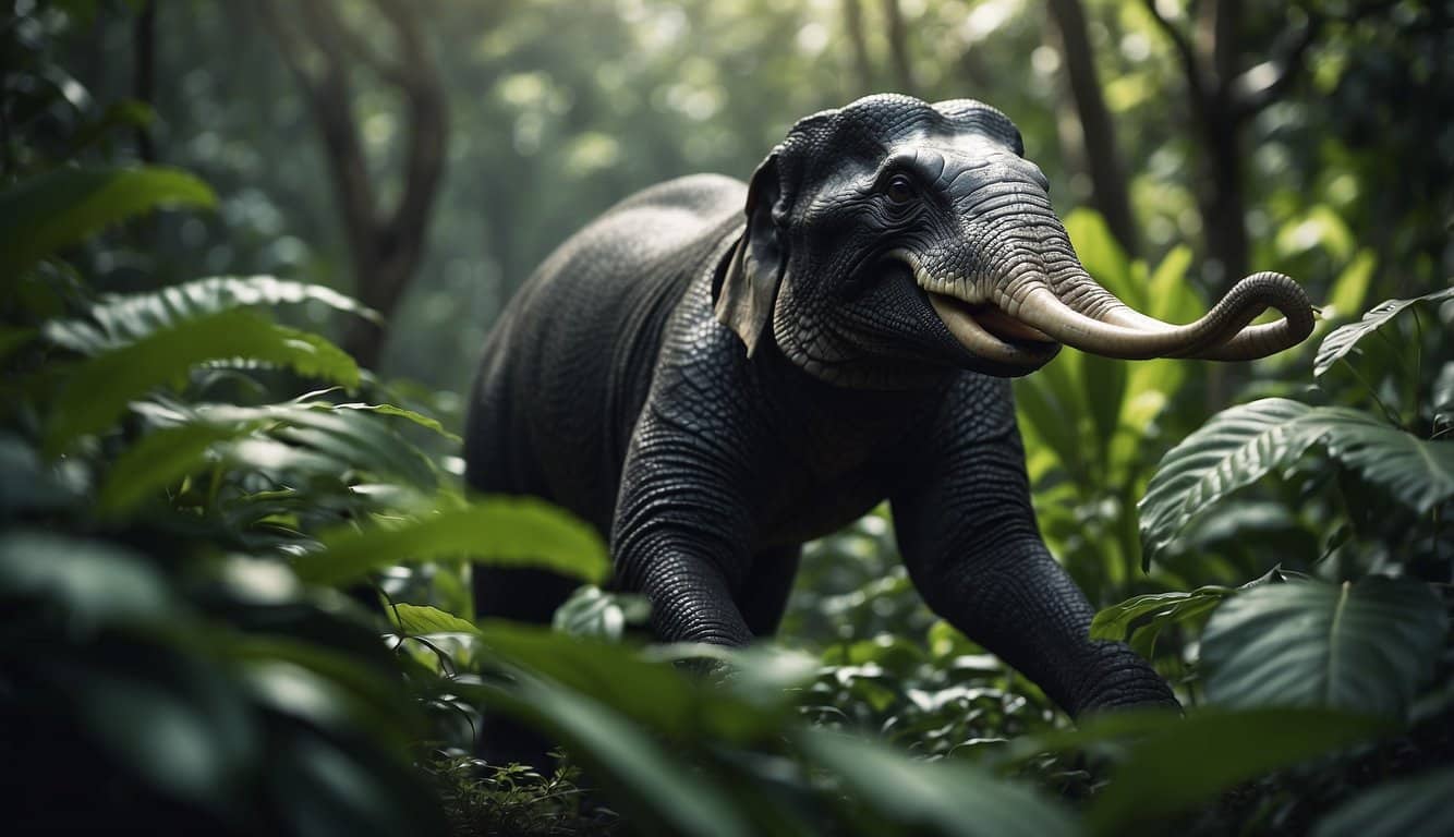 A cobra slithers through a dense jungle, while an elephant grazes peacefully in the background. The lush greenery and vibrant wildlife create a harmonious natural habitat