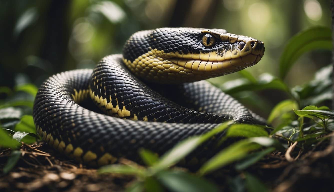 A giant anaconda slithers through a dense jungle, its massive body coiled and ready to strike