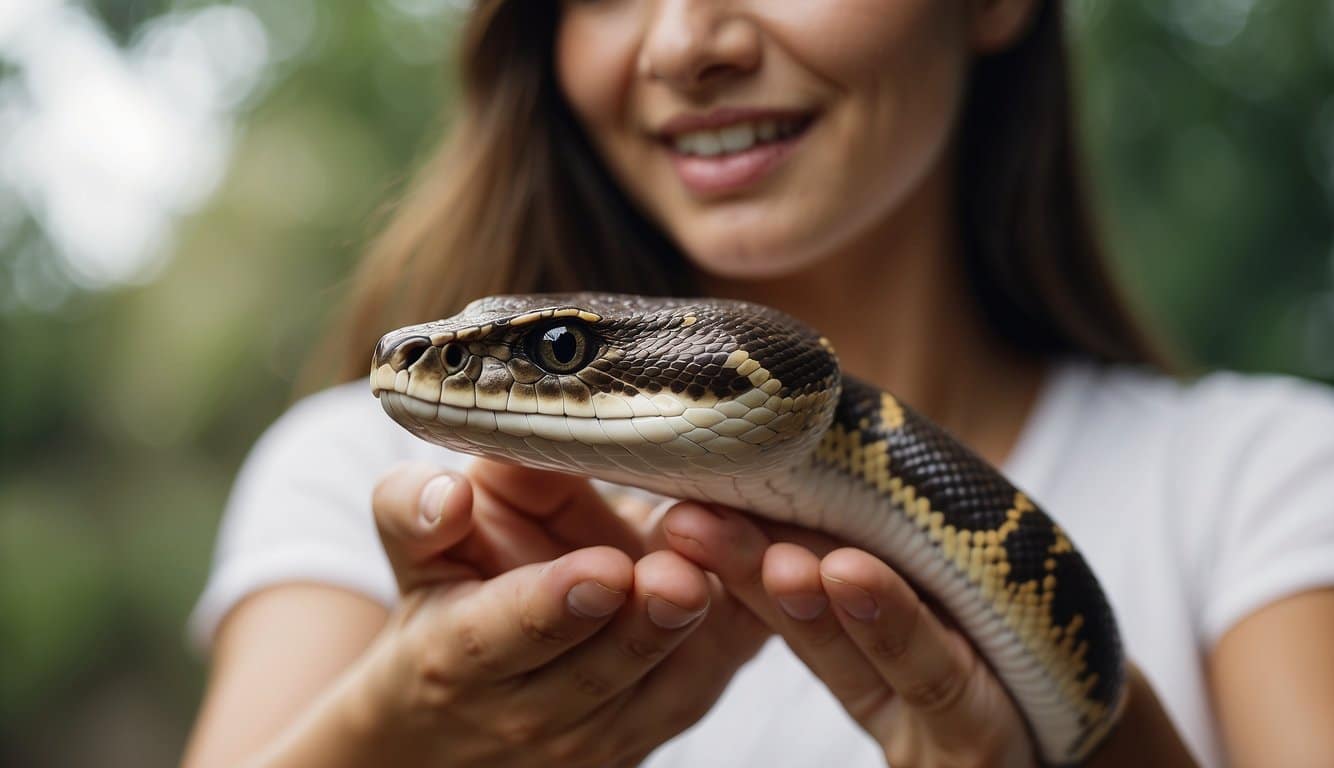A snake swallows a woman, showing safety measures
