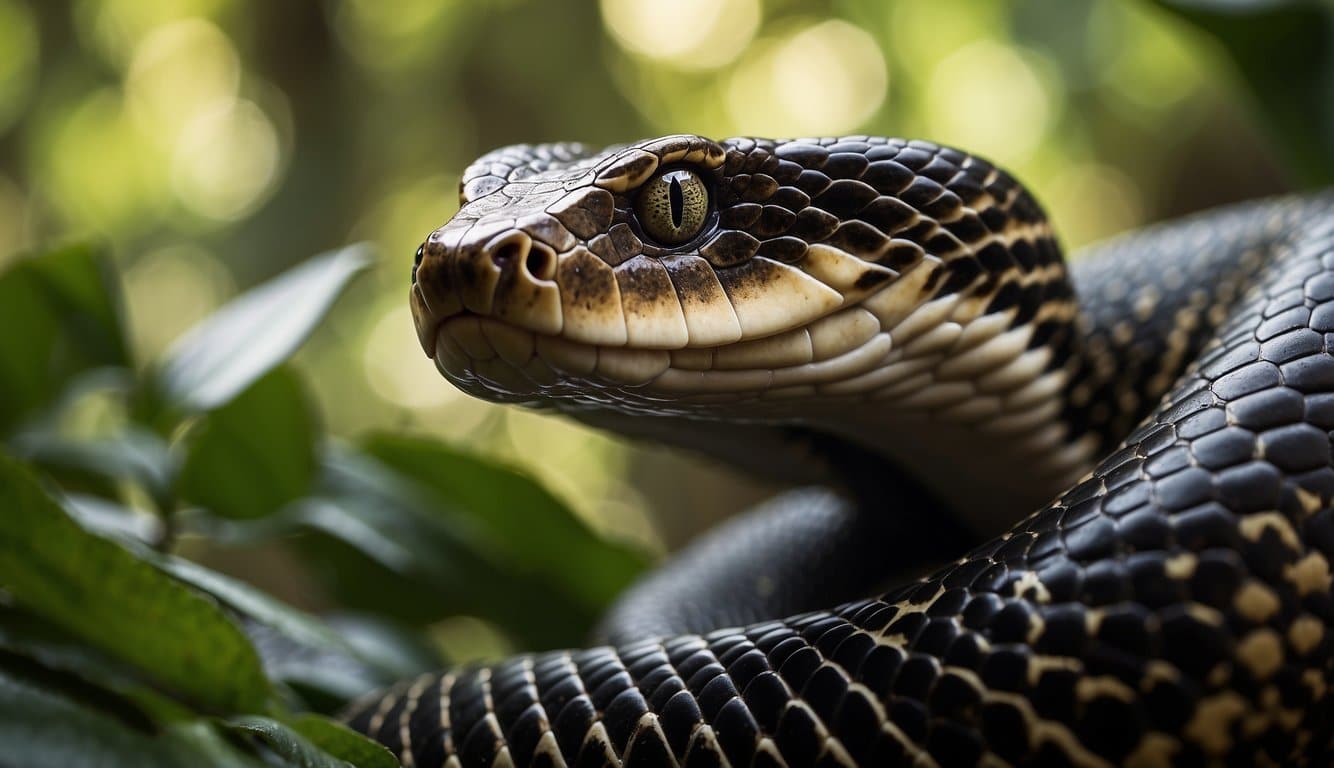 A giant snake slithers through the dense Brazilian jungle, its scales glistening in the sunlight. Its long, muscular body moves effortlessly through the foliage, showcasing its impressive size and power