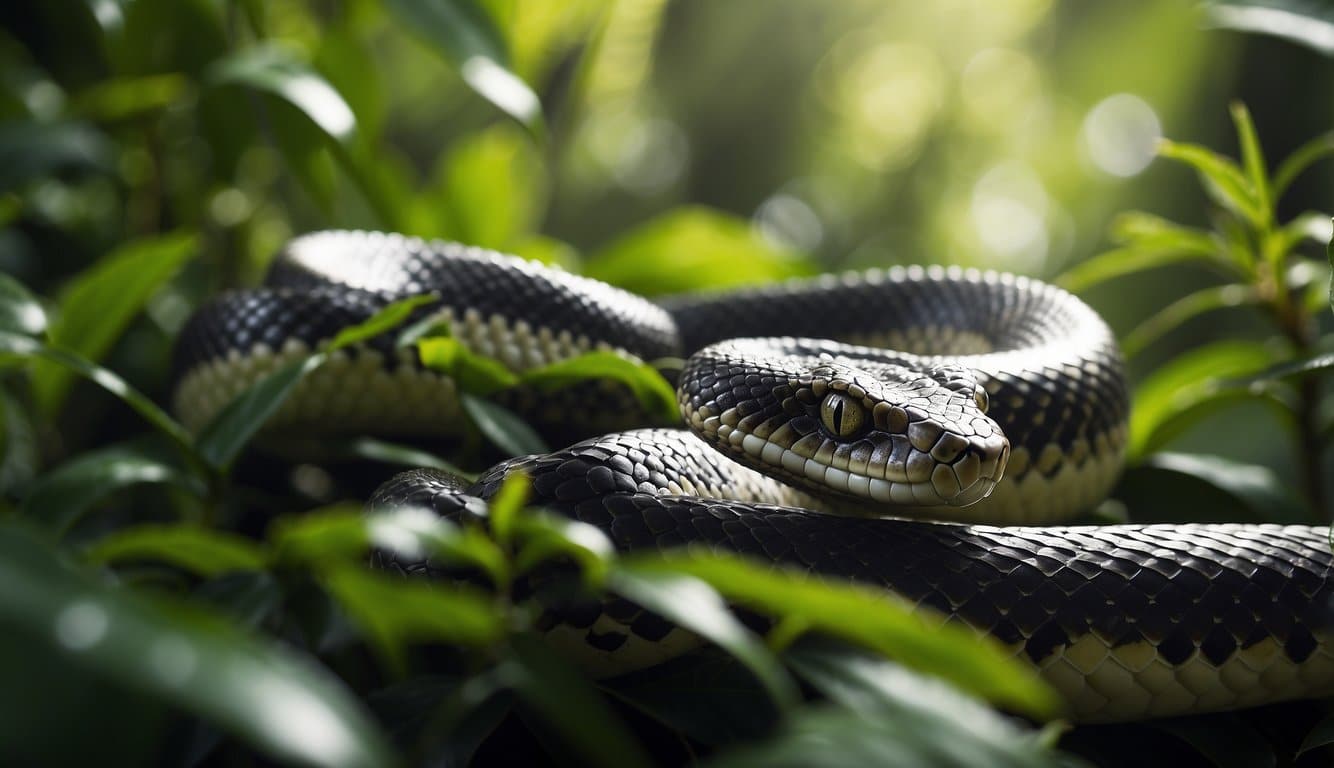 A large snake slithers through a lush jungle, its scales glistening in the sunlight as it moves gracefully through the foliage
