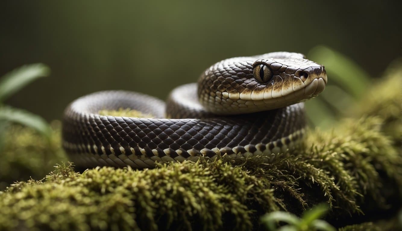 The jararaca do brejo snake is coiled on a moss-covered branch, flicking its tongue and watching for prey in the murky wetland habitat