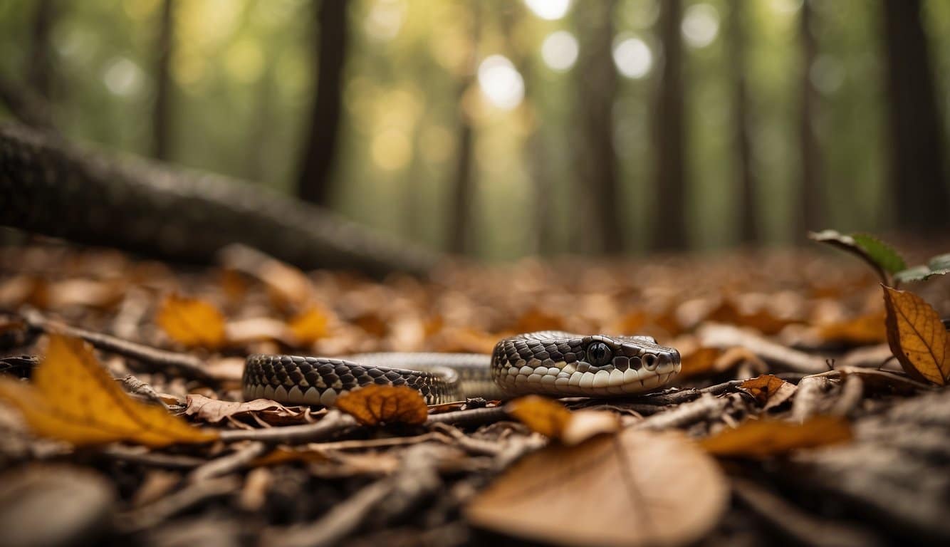 A small jararaca snake slithers through the forest underbrush, its brown and tan scales blending in with the fallen leaves and twigs on the ground