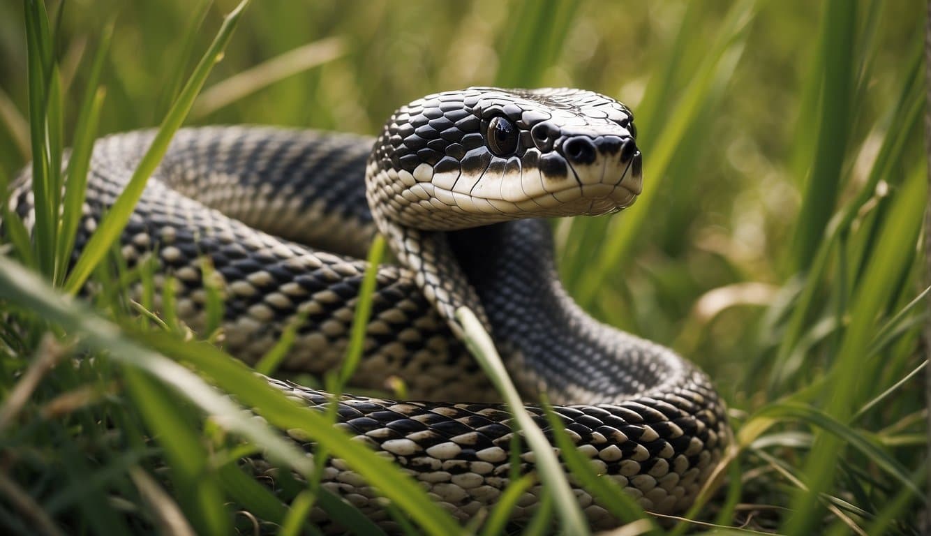 A striped cobra slithers through tall grass, its sleek body adorned with alternating bands of black and white