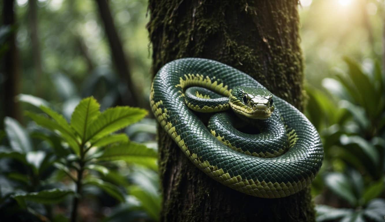 A lush tropical rainforest with a massive snake coiled around a tree trunk, blending into the green foliage