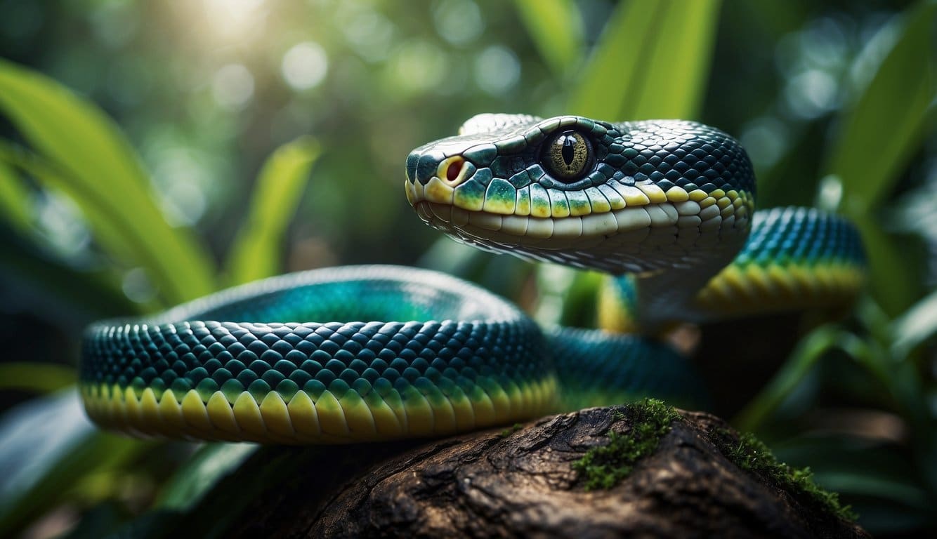 Cobra Mais Linda Do Mundo: Conheça A Espécie E Suas Características 2 A vibrant, iridescent snake slithers gracefully through a lush, tropical jungle, showcasing the stunning beauty of the world's most beautiful serpent