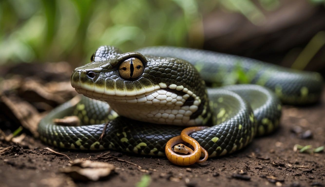 A snake coils around a venomous frog, its defensive mechanisms at work