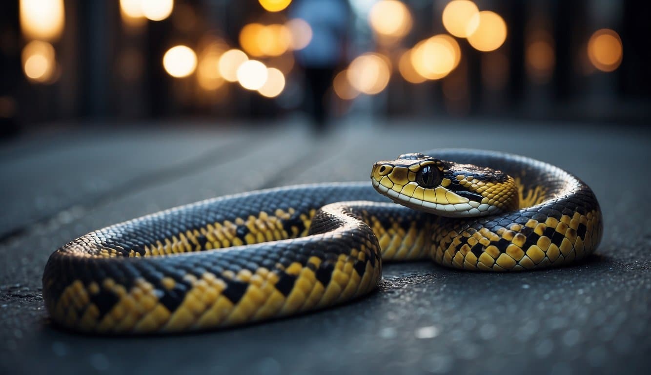 A snake slithers through the urban landscape, weaving between buildings and alleys, its scales glinting in the city lights