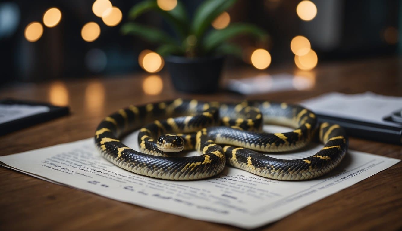A venomous naja snake in a Brazilian setting, surrounded by legal documents and warning signs