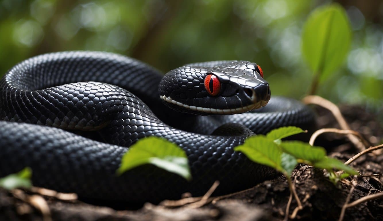 Cobra Negra De Barriga Vermelha: Características E Habitat 2 A black snake with a red belly slithers through dense jungle foliage. Its sleek body glistens in the dappled sunlight, and its forked tongue flicks out to taste the air