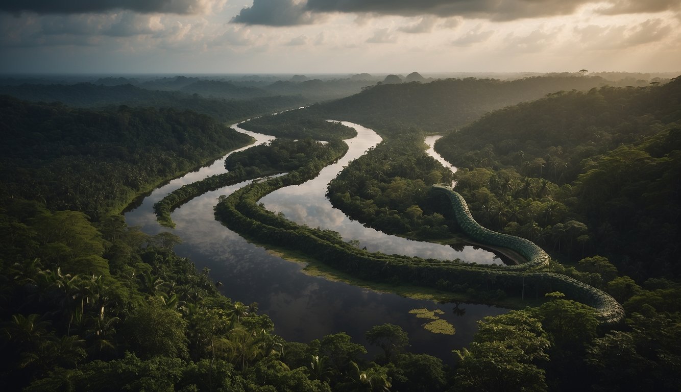 Cobra Norato E Maria Caninana: A Lenda Amazônica 2 A dark, winding river cuts through the lush Amazon rainforest. A massive serpent, the cobra norato, looms over a small, trembling village, while a fierce Maria Caninana watches from the shadows