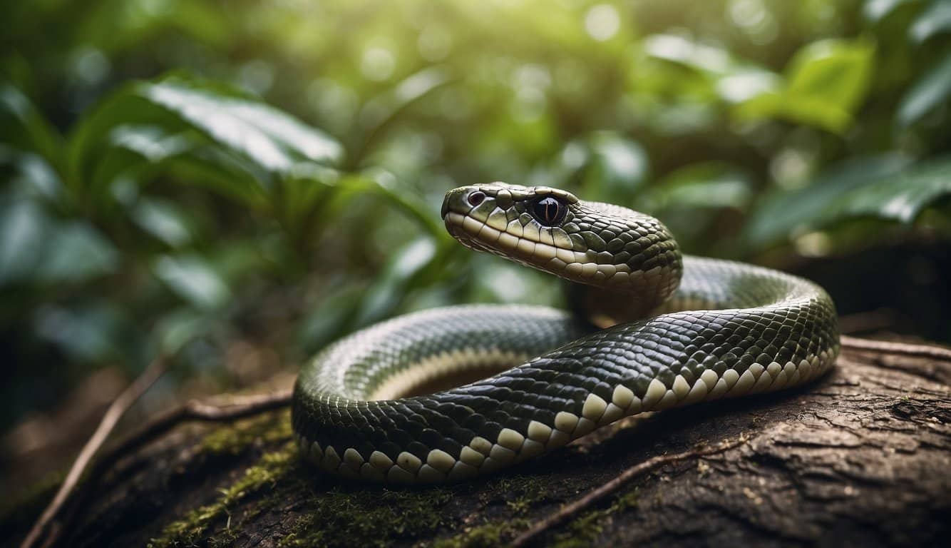 A snake slithers through its natural habitat, surrounded by lush greenery and winding branches