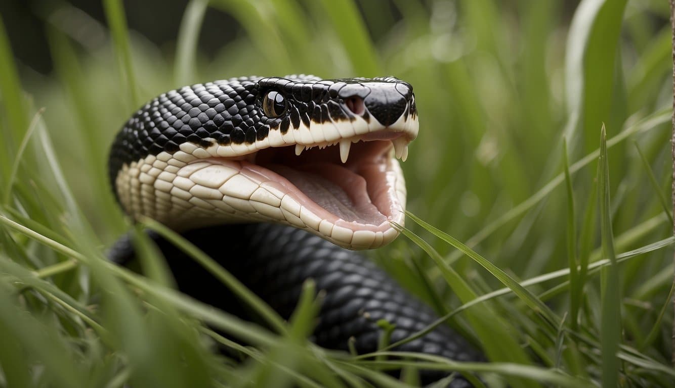 A cobra papa rato slithers through tall grass, its hood flared and tongue flicking as it searches for prey