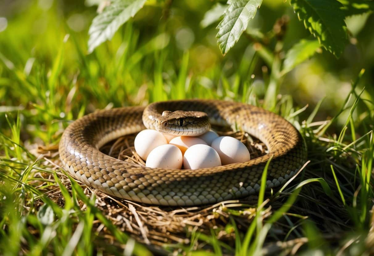 Uma cobra desliza pela grama, enrolando-se em um ninho quente e isolado com um punhado de ovos. A luz do sol filtra-se pelas folhas, projetando sombras mescladas na cena.