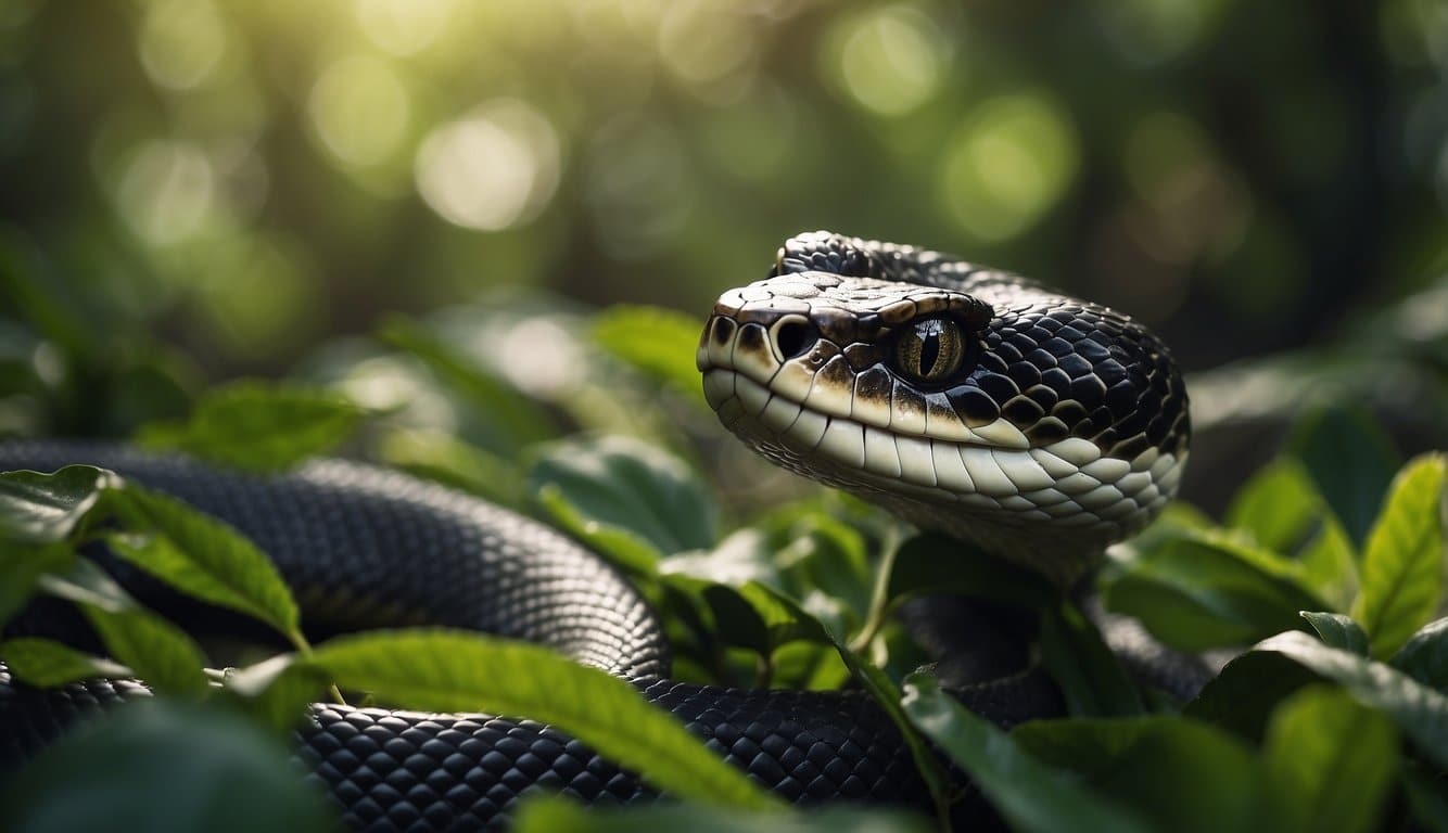A snake slithers through a lush jungle, blending in with the foliage. Its scales glisten in the sunlight as it moves gracefully across the forest floor
