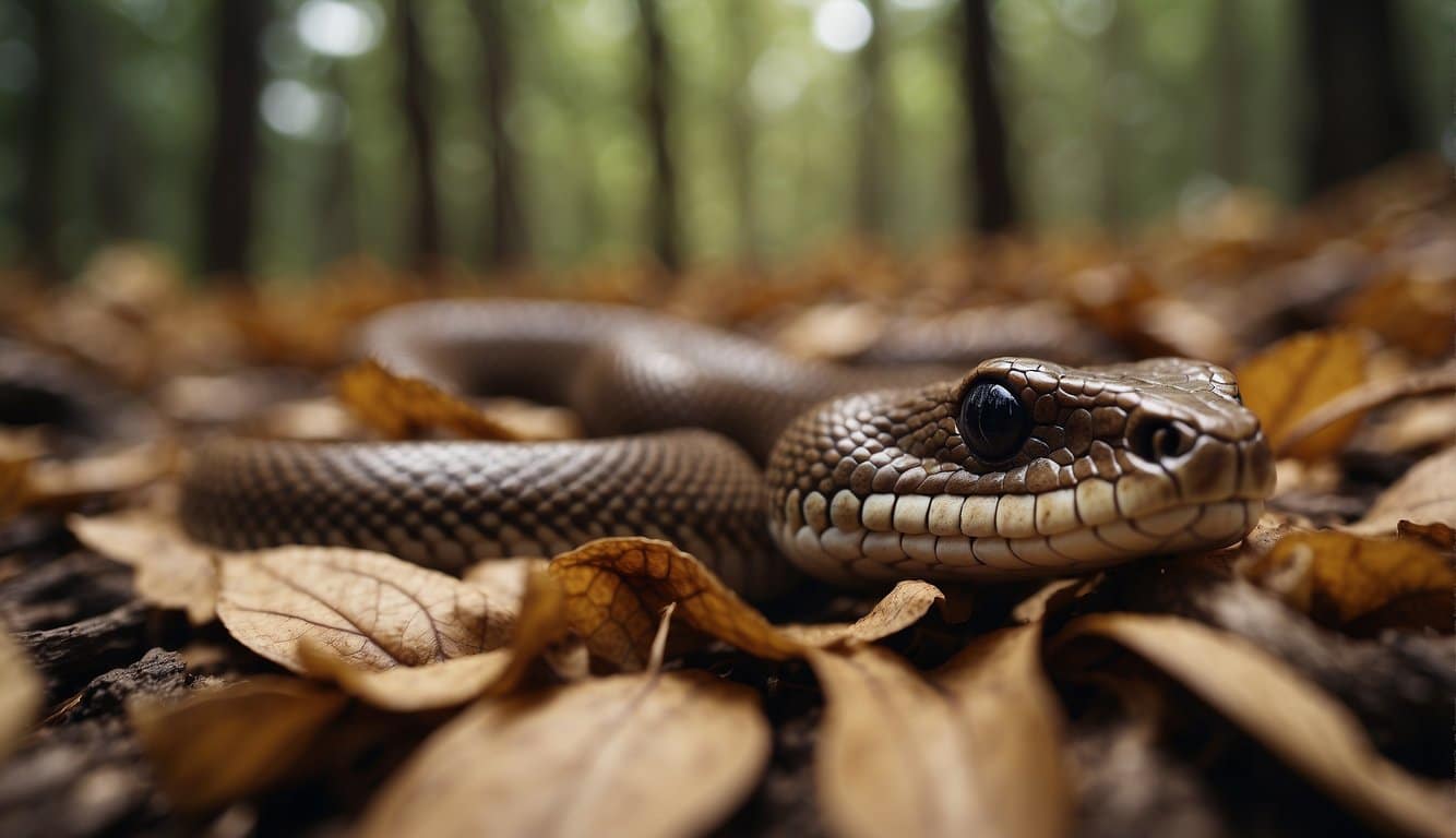 A small brown snake slithers through the dry leaves on the forest floor
