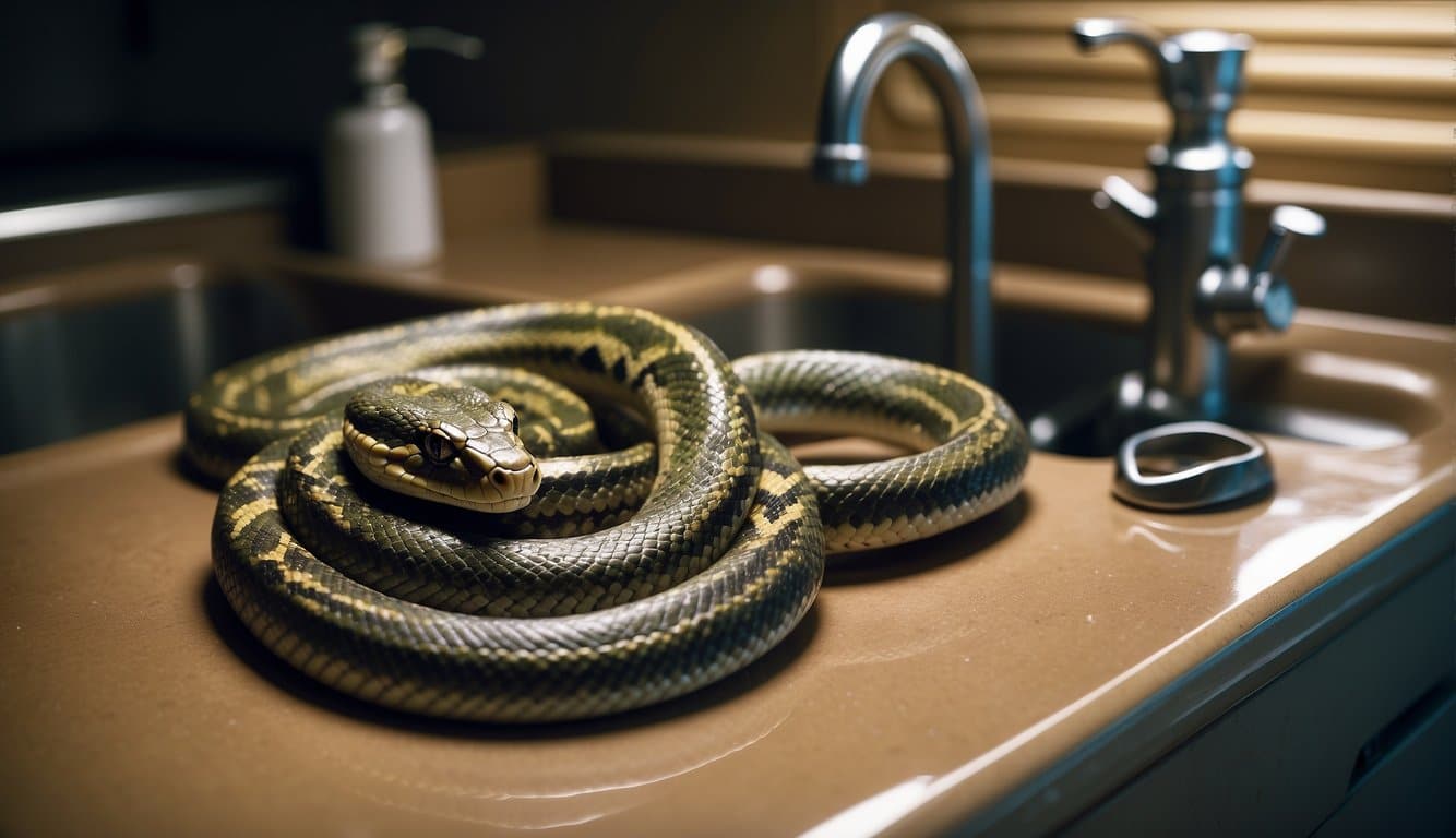 A snake coils around a sink, with a sign reading "Elegibility and Qualifying Events" in the background