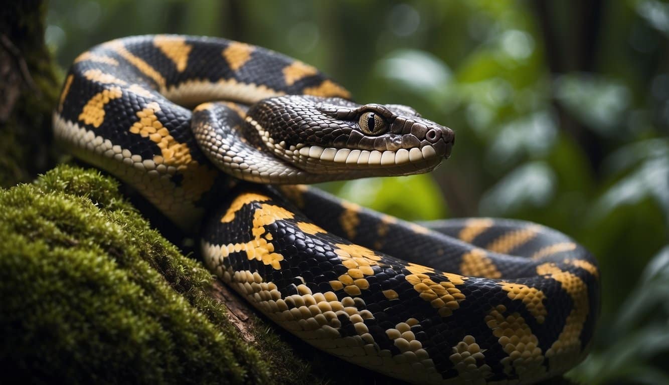 A giant python with brown and black scales coils around a tree in a lush tropical rainforest habitat
