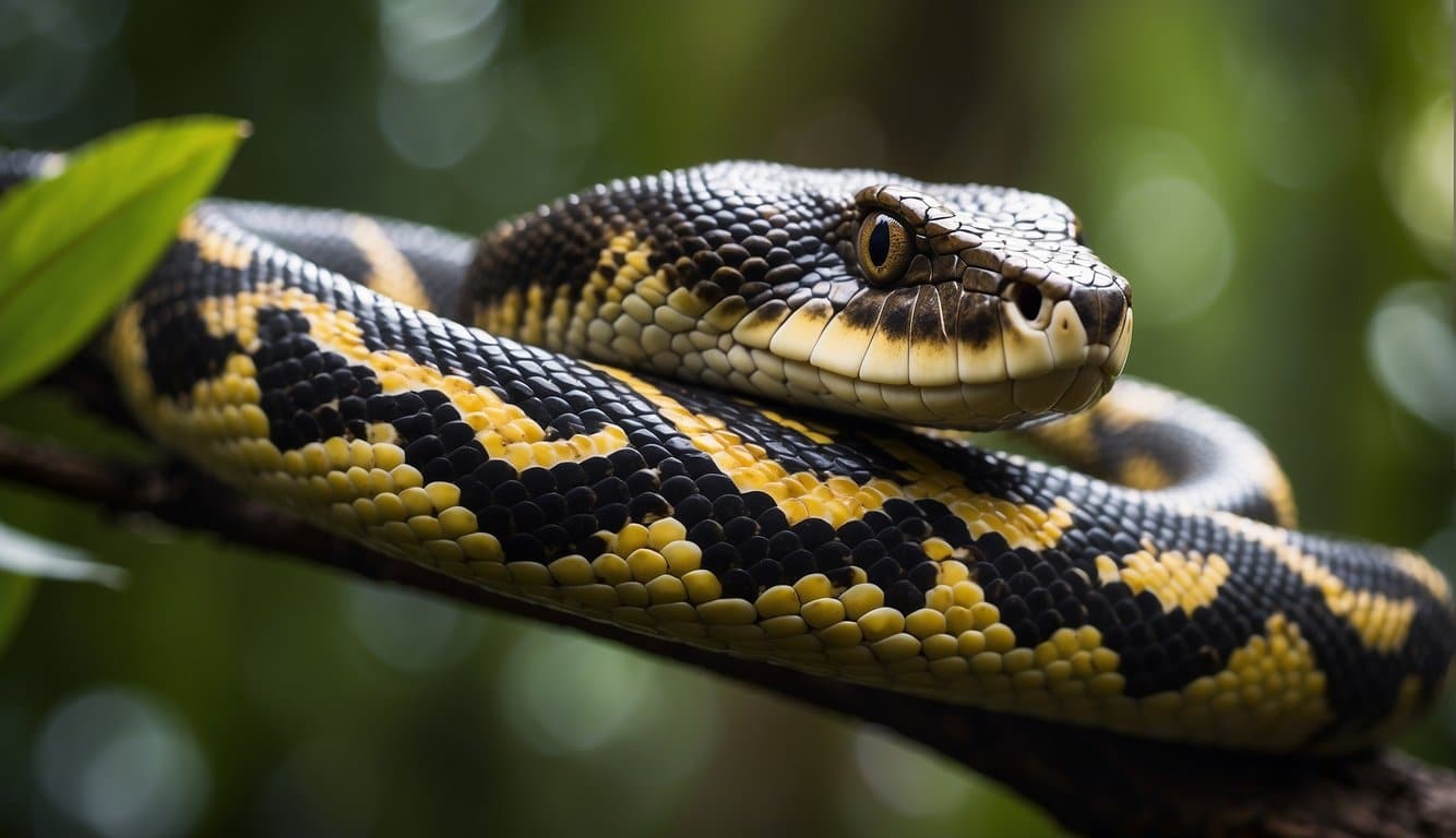 Cobra Piton No Brasil: Conheça As Espécies Encontradas No País 2 A large Píton snake coils around a tree branch in the Brazilian rainforest, showcasing its distinctive patterns and powerful muscular body