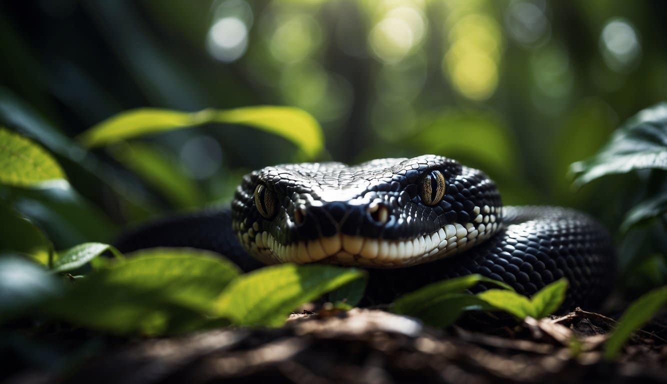 A black python snake slithers through a dense jungle, its sleek body blending into the shadows. The snake's scales glisten in the dappled sunlight as it navigates through the lush foliage