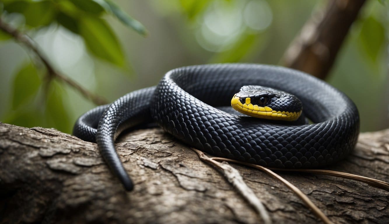 A black snake with a yellow stripe, coiled on a tree branch