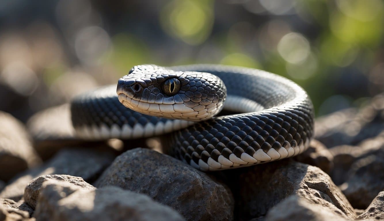 Cobra Preta E Cinza: Características E Curiosidades 2 A black and gray snake slithers through a rocky terrain, its scales glistening in the sunlight