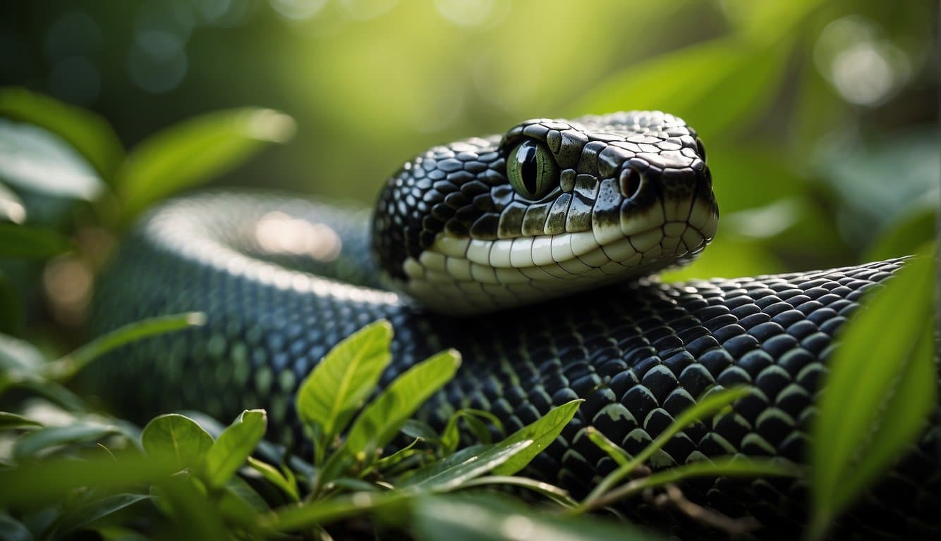 A black and green snake slithers through a jungle, its scales glistening in the sunlight. It coils around a tree branch, its forked tongue flicking out as it surveys its surroundings
