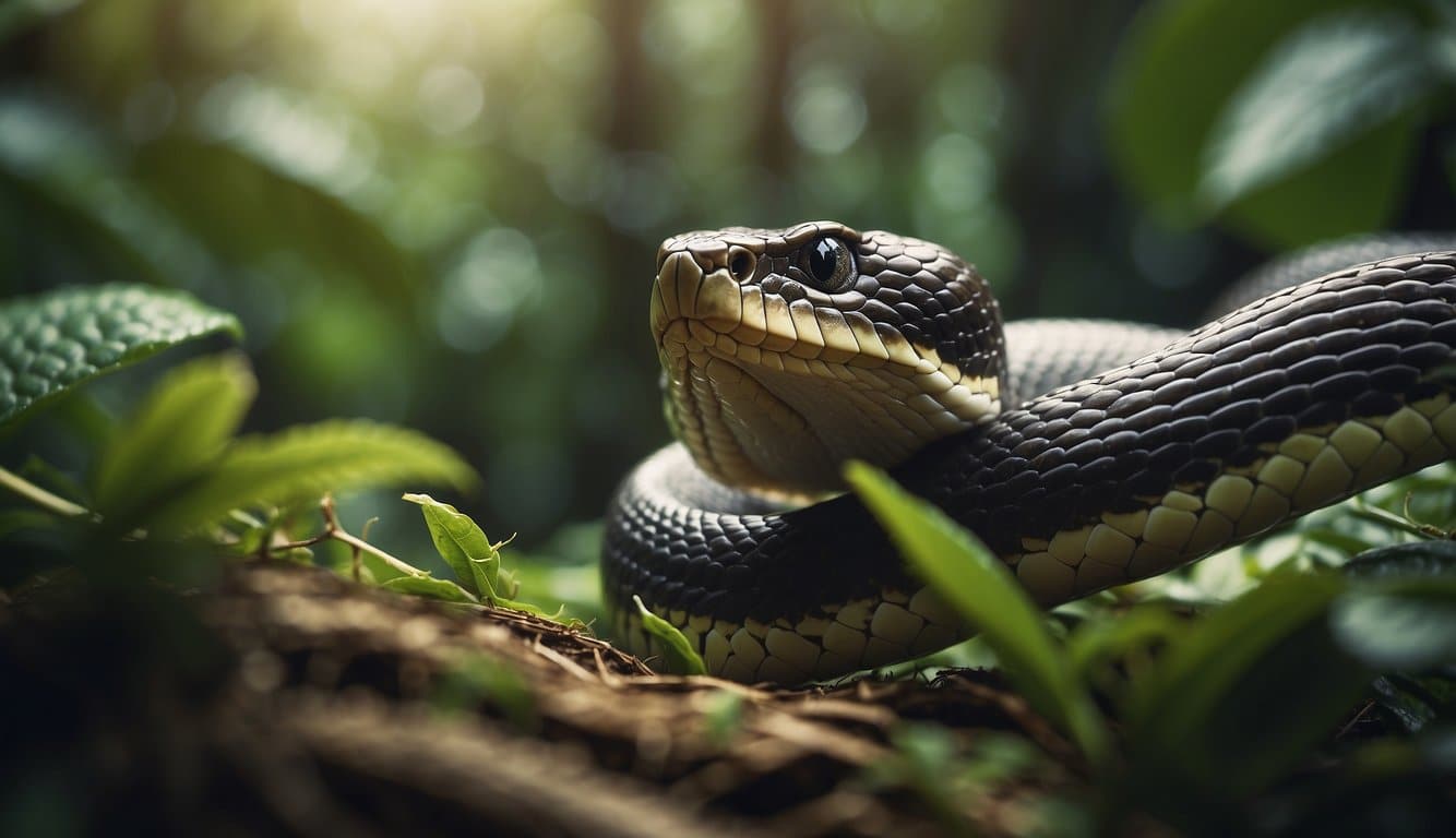 A snake swallowing its prey in a dense jungle setting