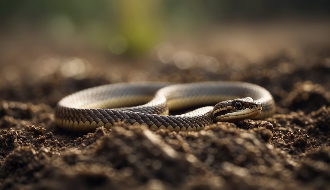 A slender snake with earthy tones slithers through damp soil, resembling a wriggling worm