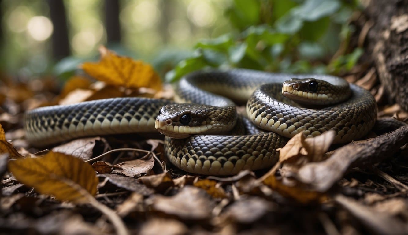 A rat snake slithers through dry leaves, its sleek body blending into the earthy colors of the forest floor
