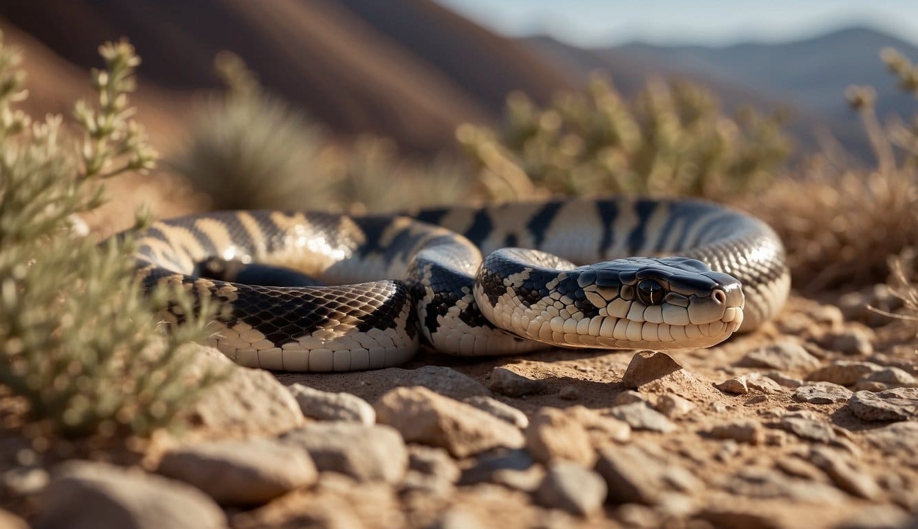 Preço Da Cobra Real Californiana: Quanto Custa E Onde Comprar 2 A vibrant California King Snake slithers through a rocky desert landscape, its scales shimmering in the sunlight