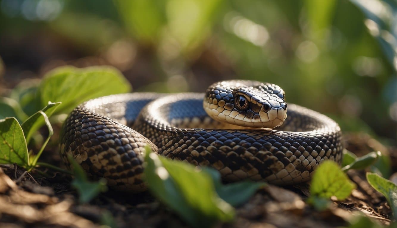 A newly hatched snake, with shiny scales and bright eyes, slithers out of its eggshell, exploring its new surroundings with curiosity