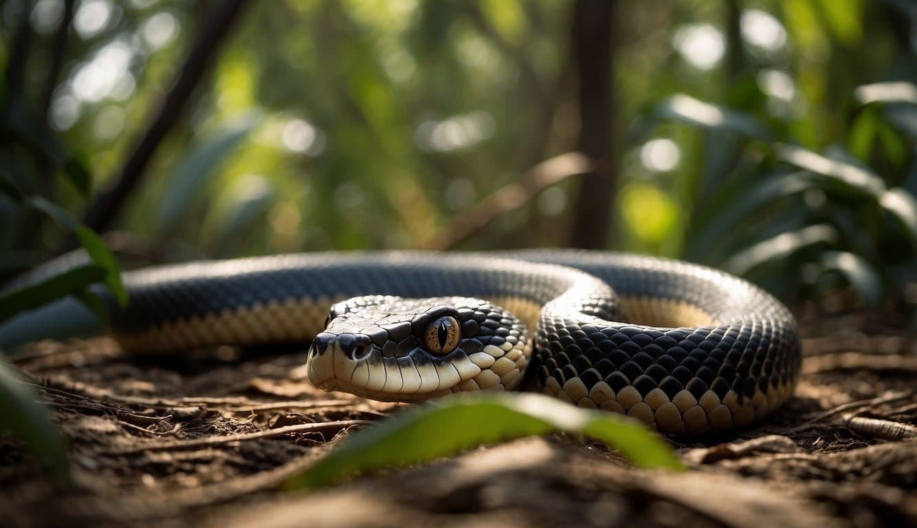 A giant king cobra slithers through the jungle, hunting for prey and basking in the warm sunlight