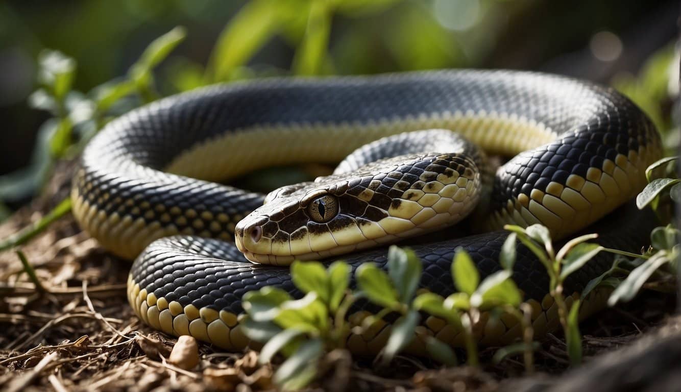 A snake is eating in its natural habitat, surrounded by available food sources
