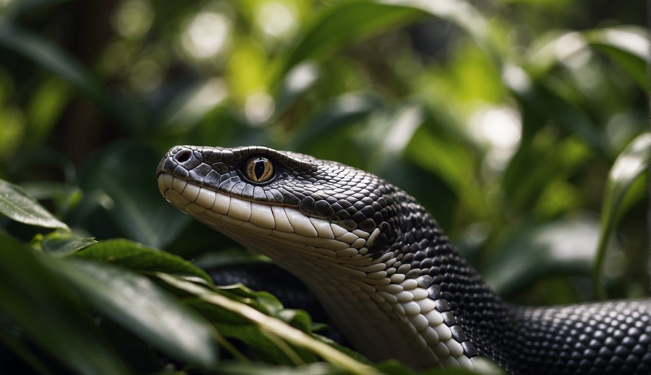 A majestic cobra, named Sofia, emerges from a lush jungle, her scales glistening in the sunlight as she gracefully slithers through the foliage