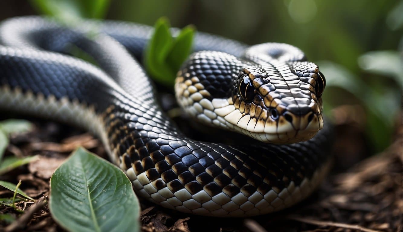 A venomous sucuri snake slithers through the dense jungle, its powerful body coiled and ready to strike
