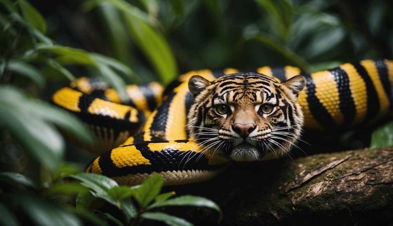 A cobra tigre with distinctive yellow and black stripes slithers through a lush jungle, its sleek body coiled and ready to strike